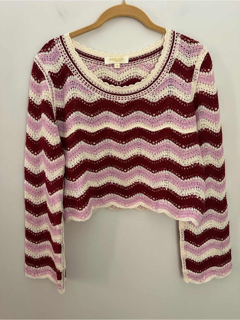 Rebellion Y2K Crochet Sweater Cream Pink Medium EUC
